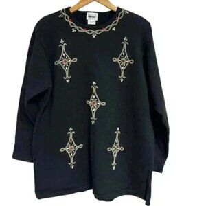 Vintage Beaded Christmas Sweater Sz XL Black Gold Ramie Blend Holiday Leslie Fay